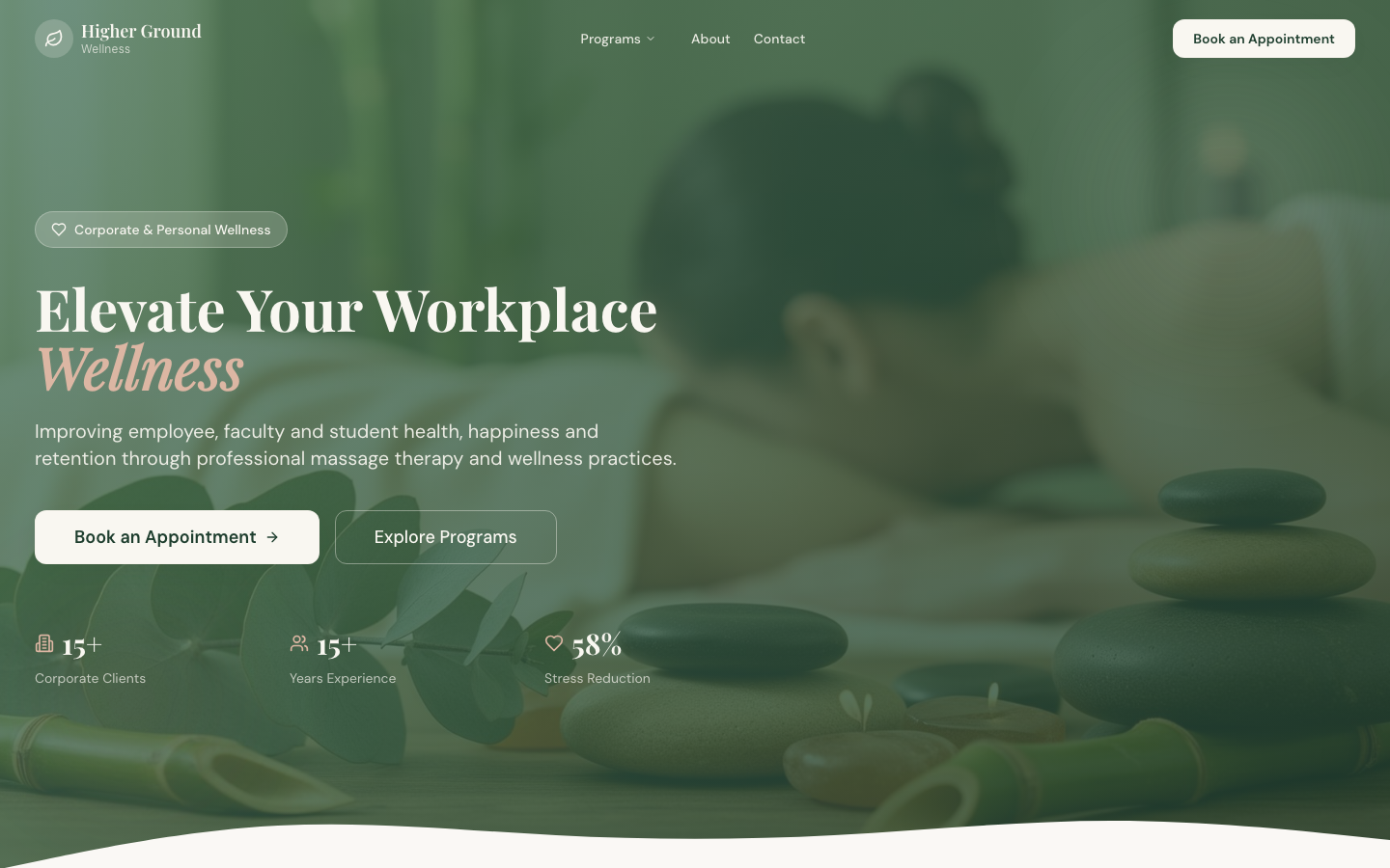 Higher Ground Wellness homepage — serene green hero with booking call to action