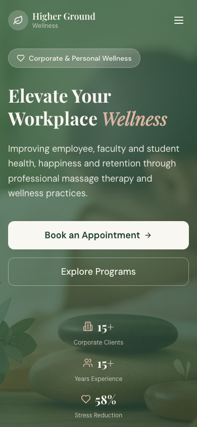 Higher Ground Wellness rendered on a phone — one-handed booking