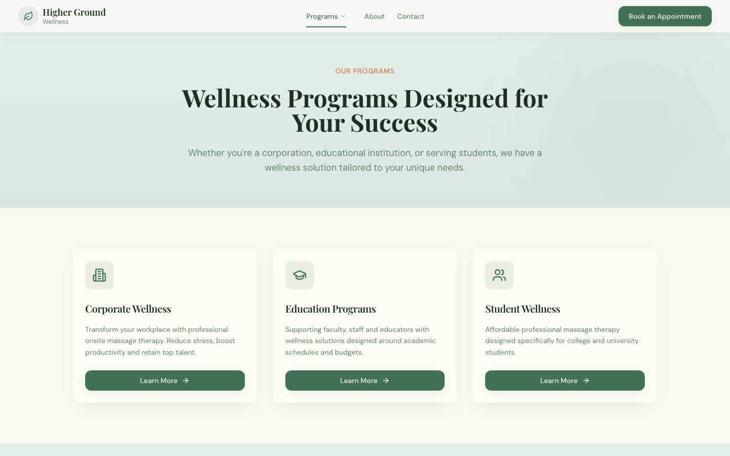 Higher Ground Wellness programs page — corporate and personal wellness programs