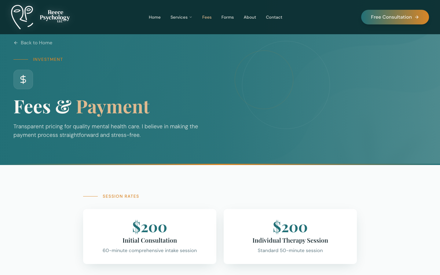 Reece Psychology fees page — transparent pricing that answers objections