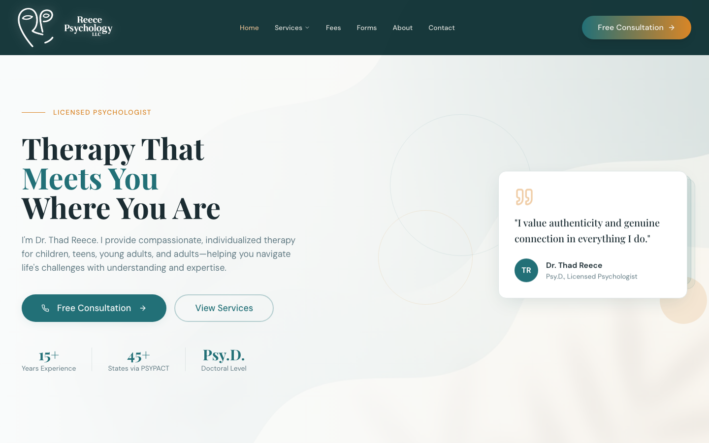 Reece Psychology homepage — calm teal hero with credentials and free consultation call to action