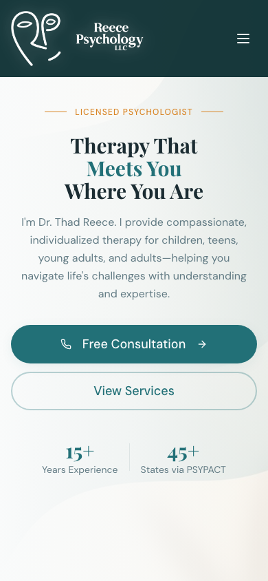 Reece Psychology rendered on a phone — mobile-first layout with thumb-reachable consultation button