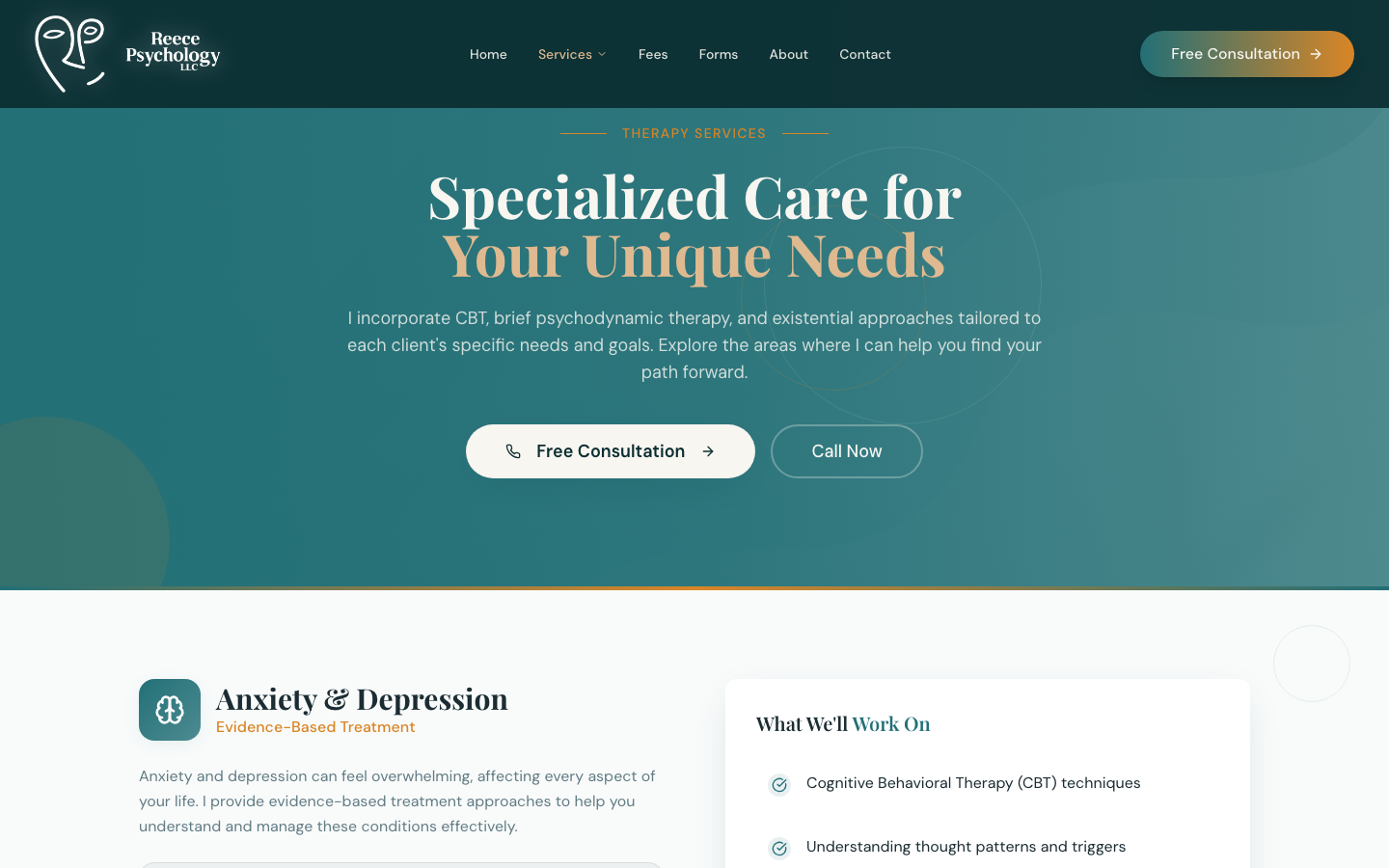 Reece Psychology services page — therapy services structured for search