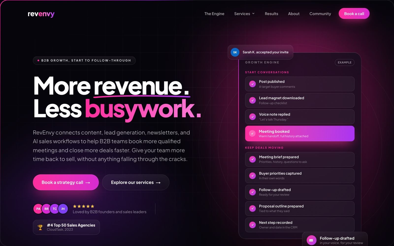 RevEnvy homepage — 'More revenue. Less busywork.' beside a growth-engine mock moving from a post to a booked meeting