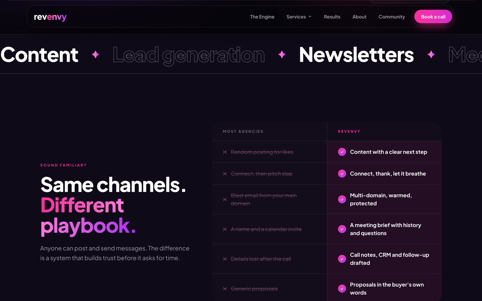 RevEnvy homepage section — 'Same channels. Different playbook.' comparing most agencies with RevEnvy