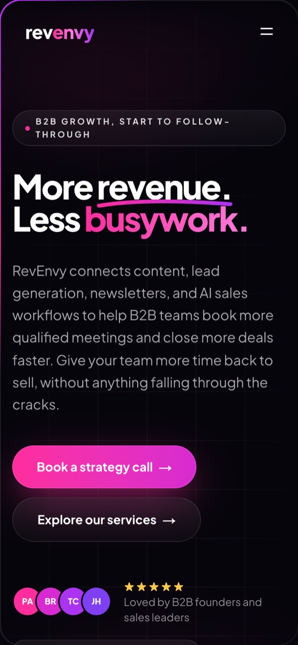 RevEnvy homepage on a phone — the hero and strategy-call button