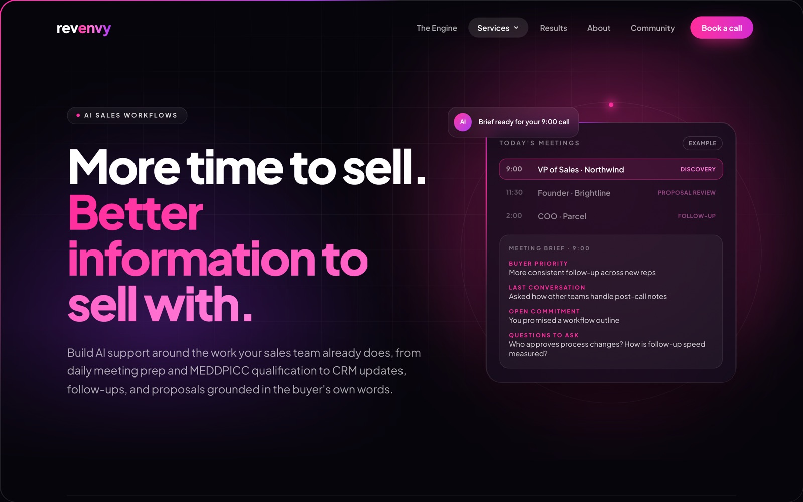 RevEnvy AI sales workflows page — 'More time to sell.' beside a meeting-brief mock