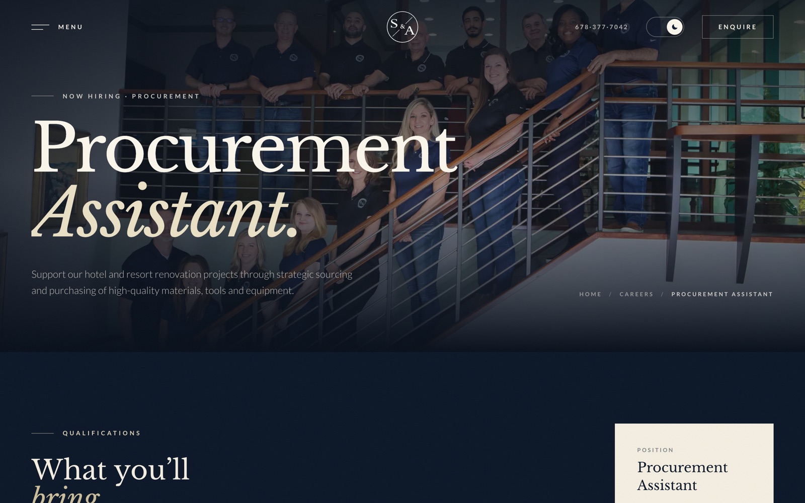 S&A Industries redesign careers page — Procurement Assistant role over a team photo