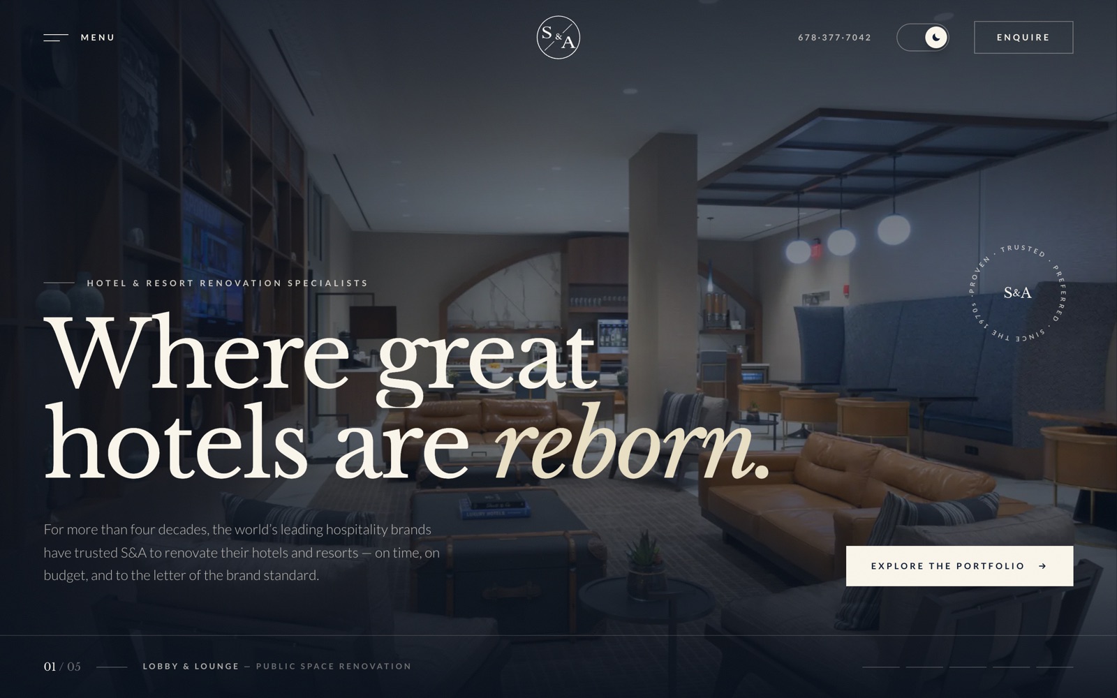 S&A Industries redesign homepage — 'Where great hotels are reborn.' in serif type over a renovated hotel lounge