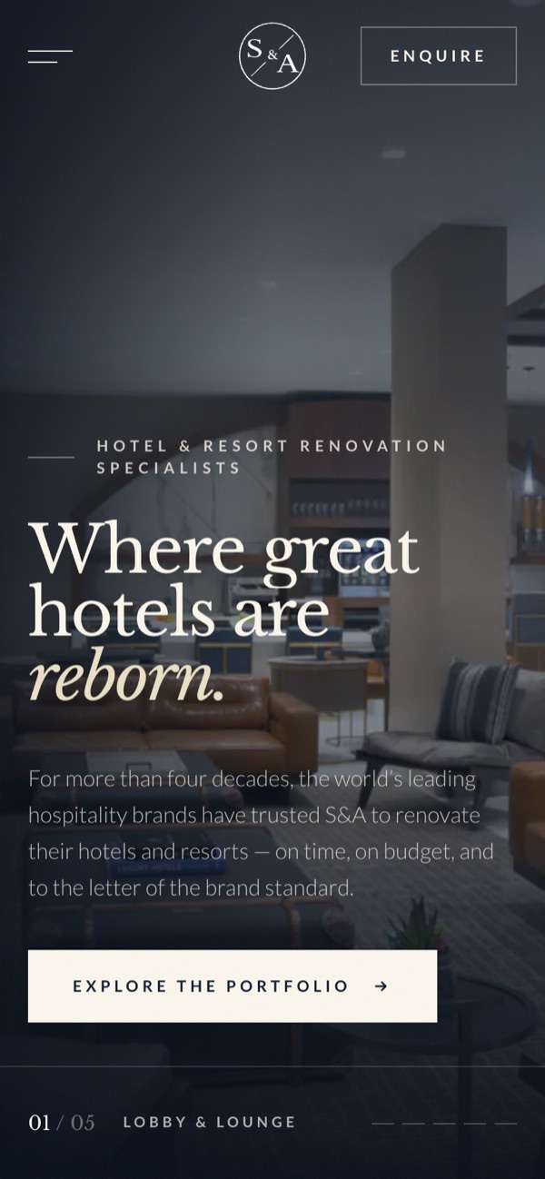 S&A Industries redesign on a phone — serif hero and Explore the portfolio button