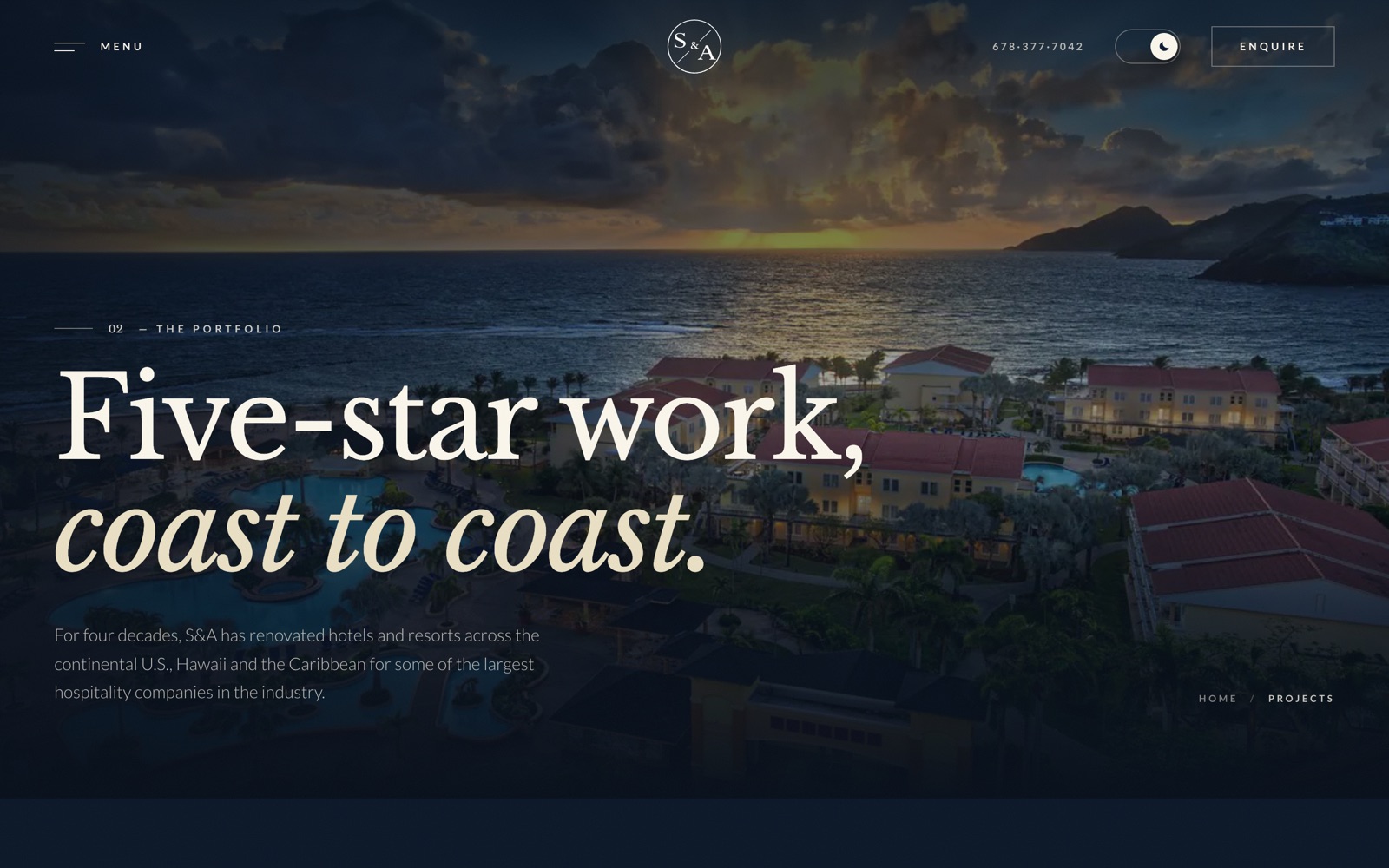 S&A Industries redesign portfolio page — 'Five-star work, coast to coast.' over an aerial resort photo