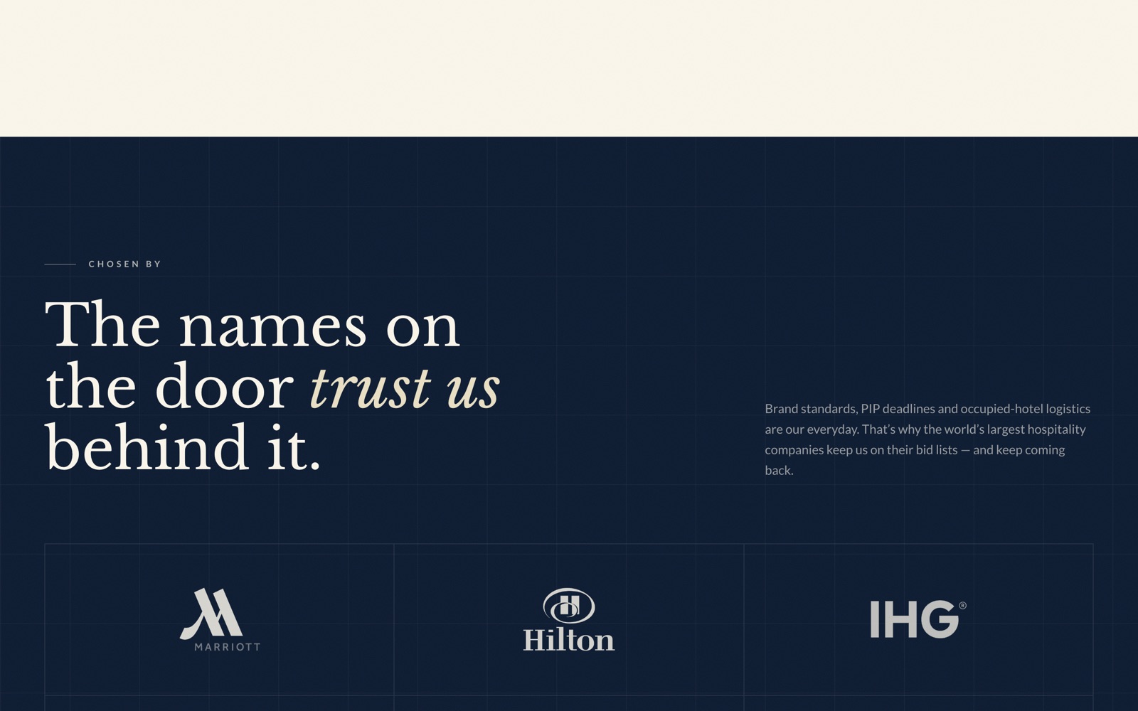 S&A Industries redesign — 'The names on the door trust us behind it.' with Marriott, Hilton and IHG logos