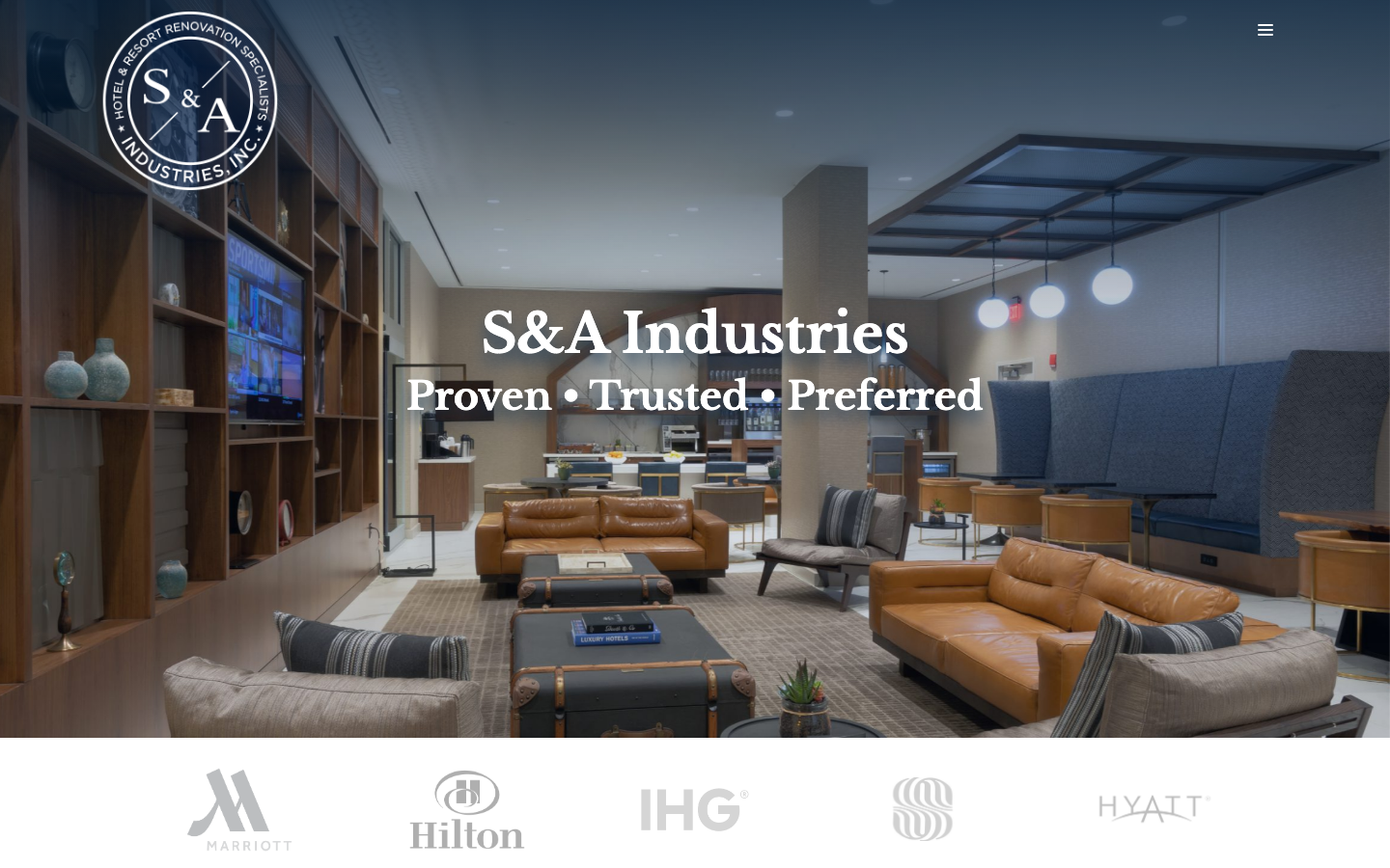 S&A Industries homepage — full-bleed hotel interior photography with hospitality brand trust wall
